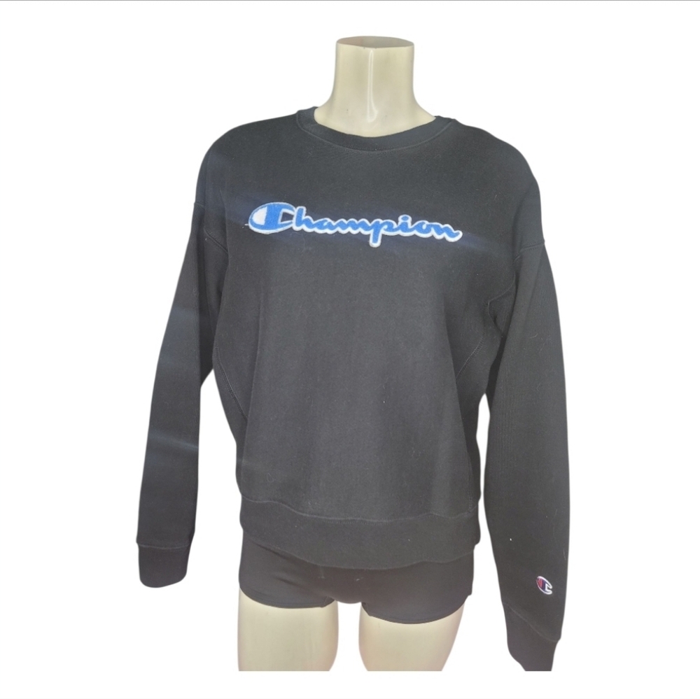 Champion Black Crewneck with Blue Logo